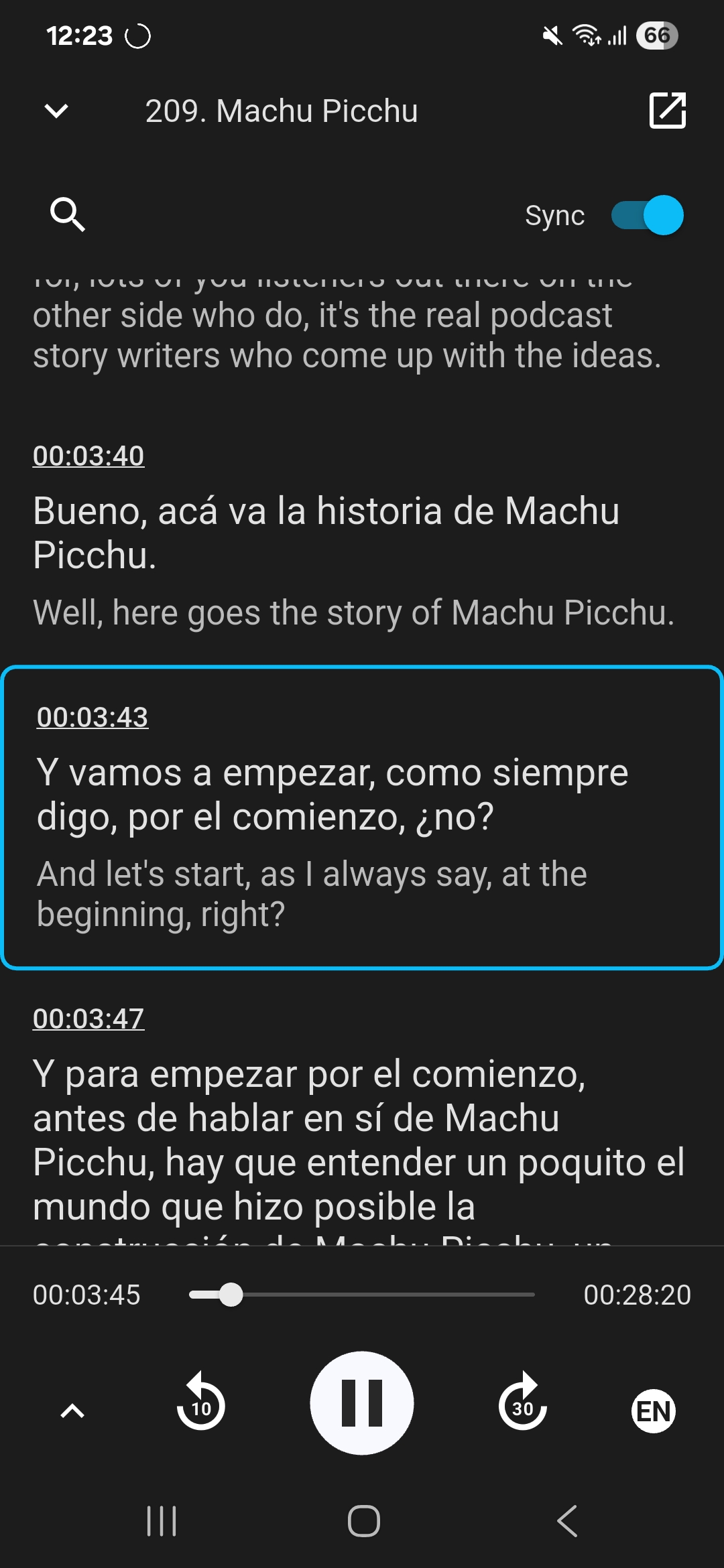 Elefluent podcast app screenshot showing the interactive transcript