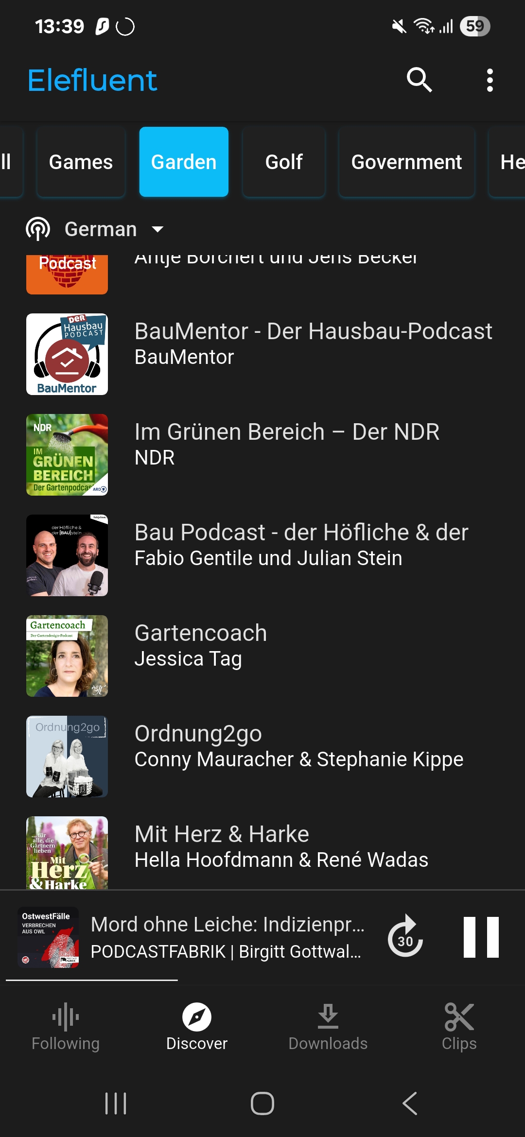 Elefleunt podcast app screenshot showing the search page