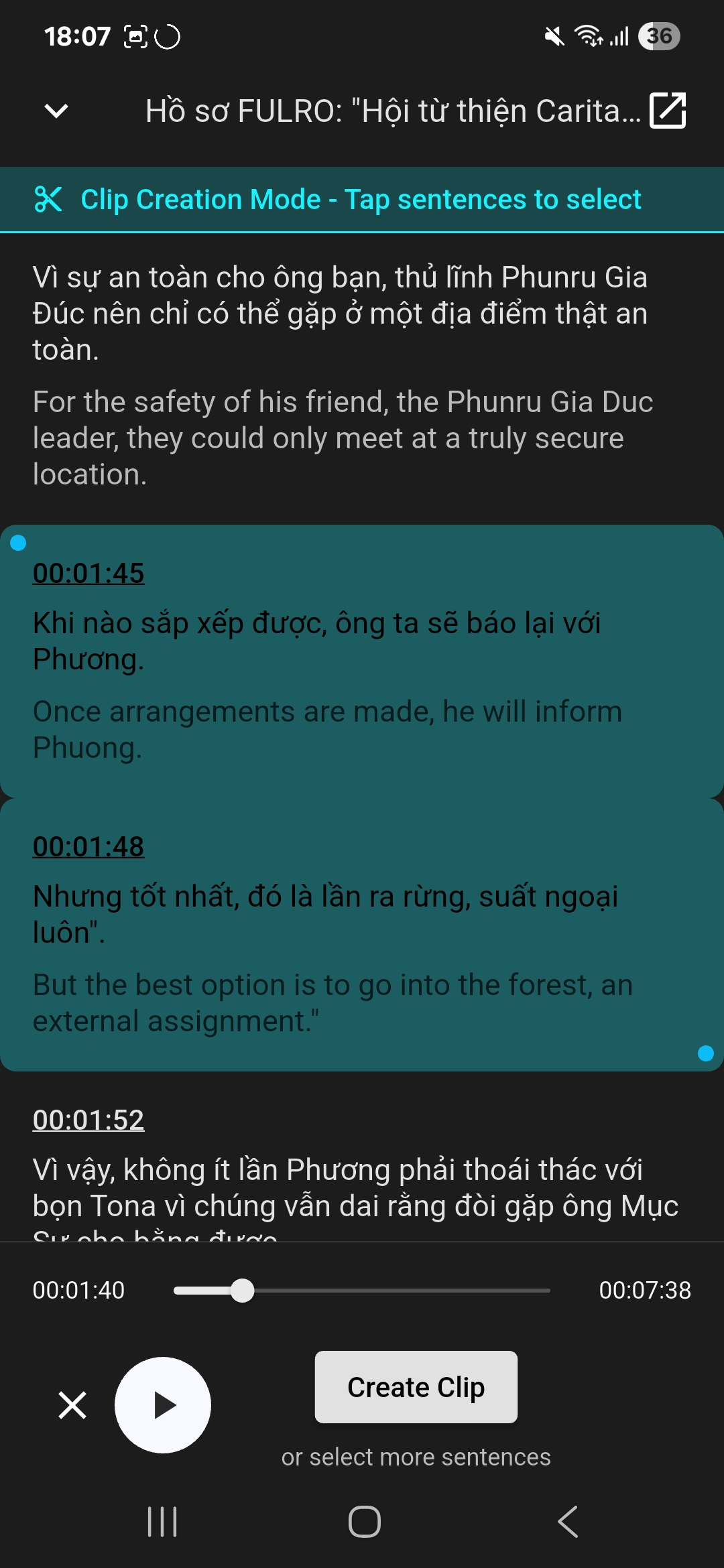 Elefluent podcast app screenshot showing clip creation on Vietnamese episode