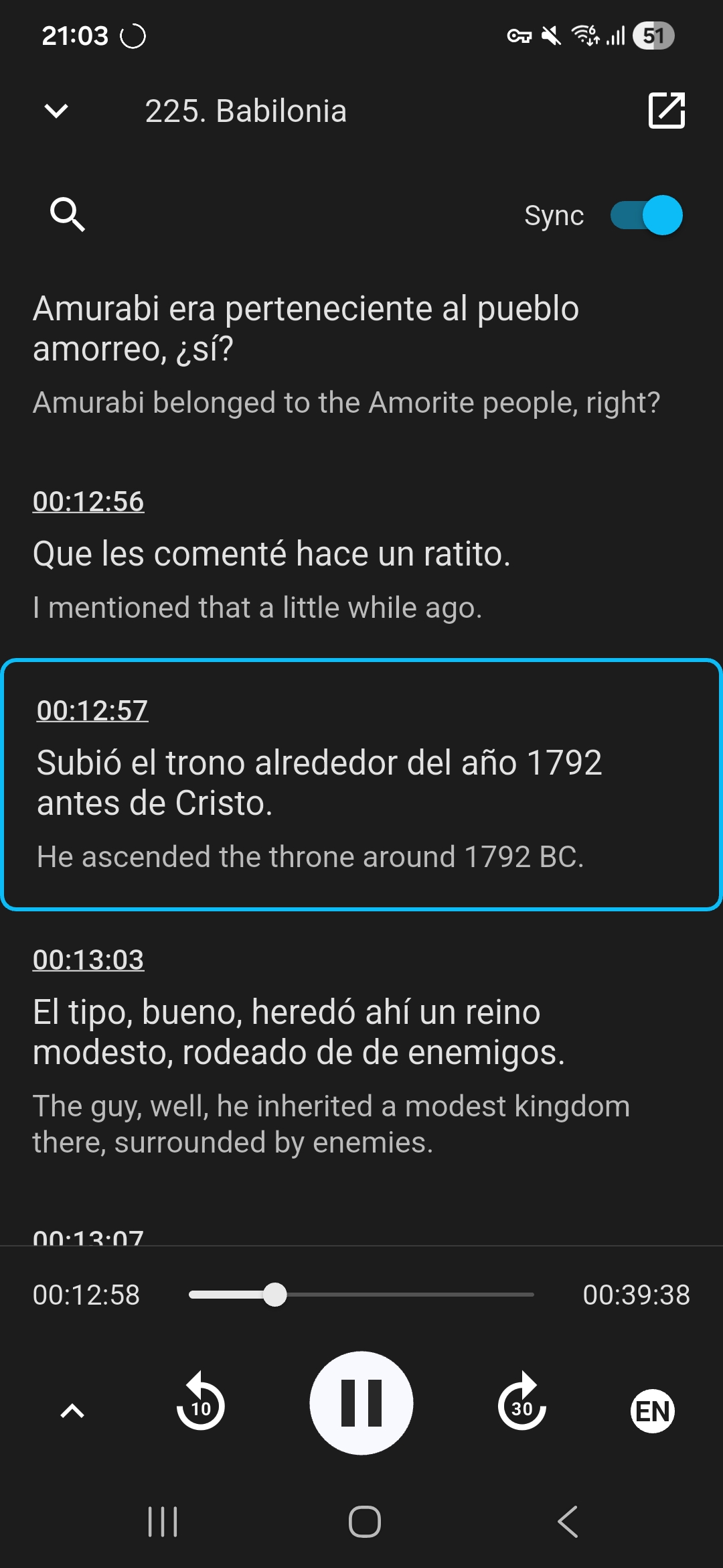 Elefluent podcast app screenshot showing the interactive transcript