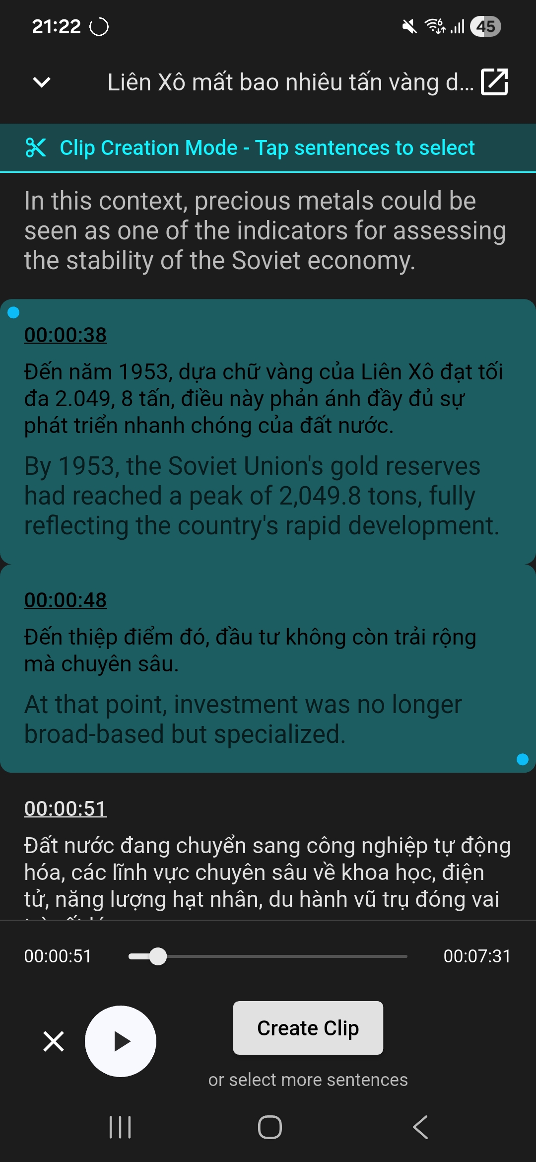 Elefluent podcast app screenshot showing clip creation on Vietnamese episode